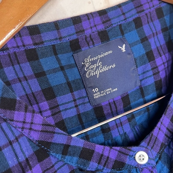 American Eagle Blue And Purple Plaid Long Sleeve Ruffle Shirt, Women’s Size 10 - Picture 5 of 8